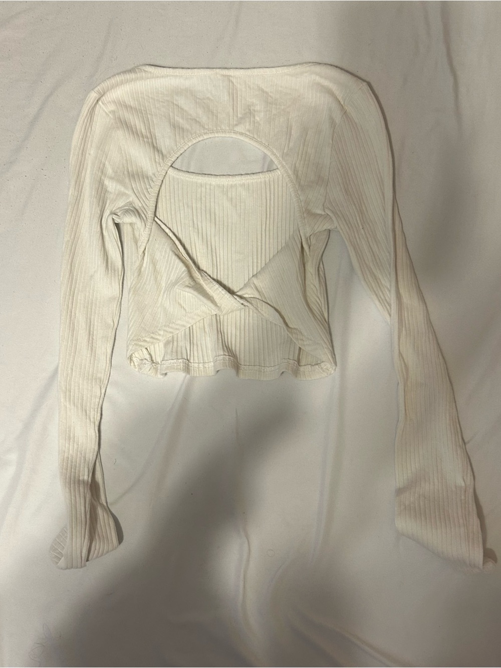 Women’s Cream Ribbed Long-Sleeve Crop Top with Back Cutout